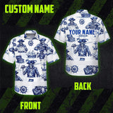 Hi Vis Hawaiian Shirt Reflective Tapes White Blue Skull Boat Custom Name Safety Workwear For Workers, Truckers, Operators