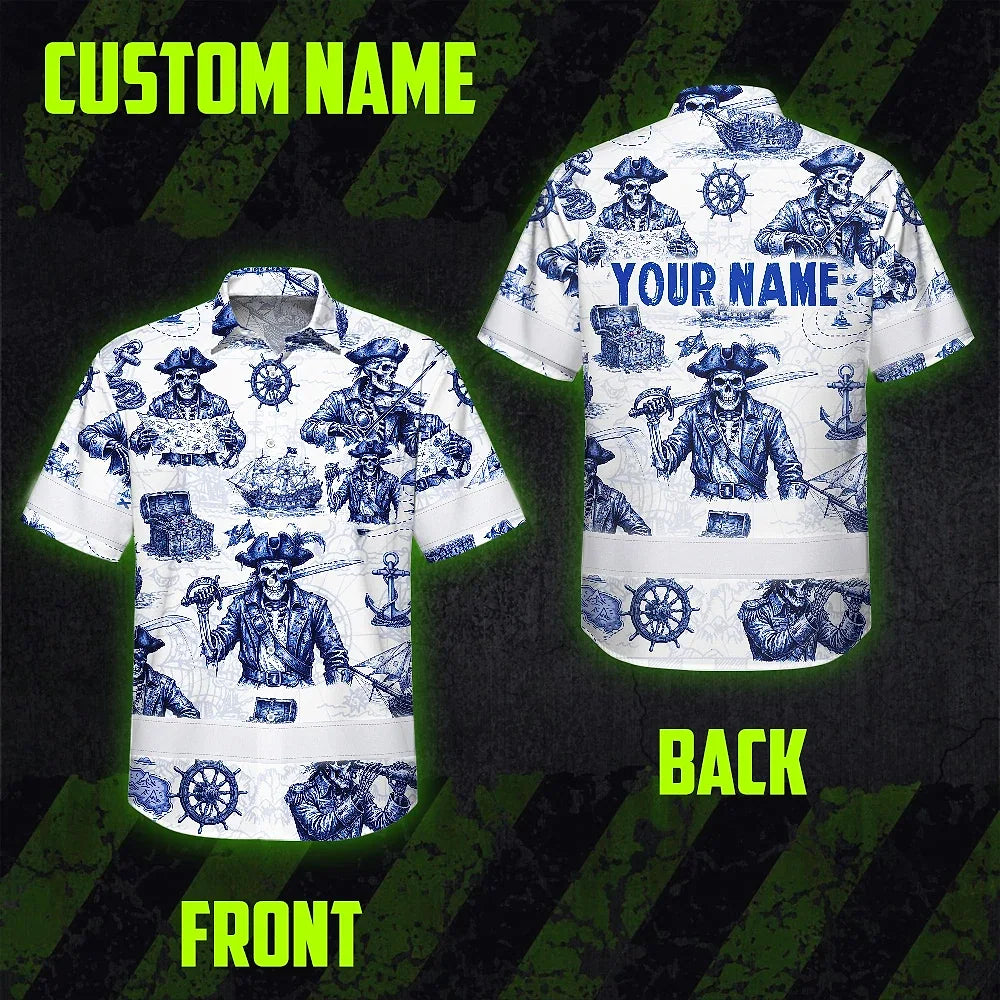 Hi Vis Hawaiian Shirt Reflective Tapes White Blue Skull Boat Custom Name Safety Workwear For Workers, Truckers, Operators