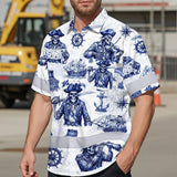 Hi Vis Hawaiian Shirt Reflective Tapes White Blue Skull Boat Custom Name Safety Workwear For Workers, Truckers, Operators