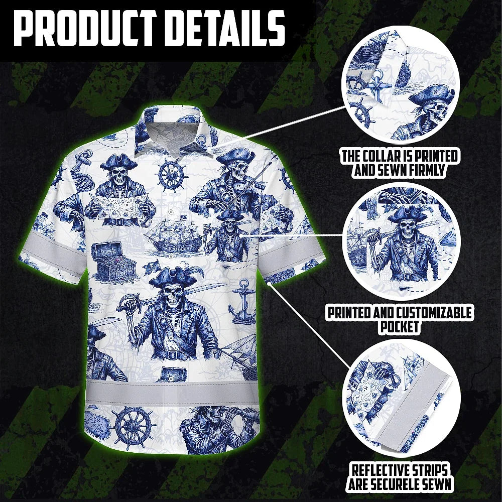 Hi Vis Hawaiian Shirt Reflective Tapes White Blue Skull Boat Custom Name Safety Workwear For Workers, Truckers, Operators