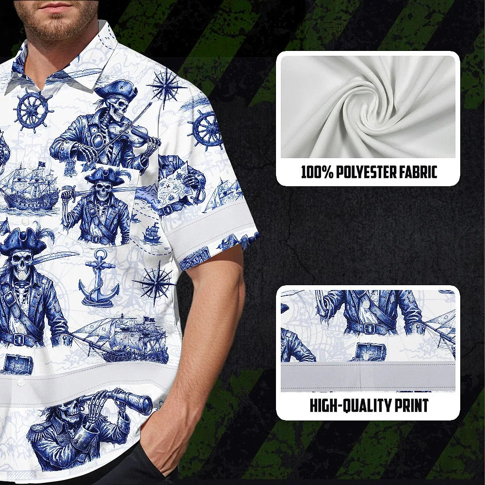 Hi Vis Hawaiian Shirt Reflective Tapes White Blue Skull Boat Custom Name Safety Workwear For Workers, Truckers, Operators