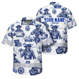 Hi Vis Hawaiian Shirt Reflective Tapes White Blue Skull Boat Custom Name Safety Workwear For Workers, Truckers, Operators