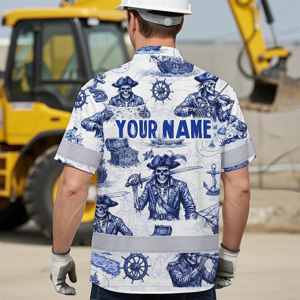 Hi Vis Hawaiian Shirt Reflective Tapes White Blue Skull Boat Custom Name Safety Workwear For Workers, Truckers, Operators