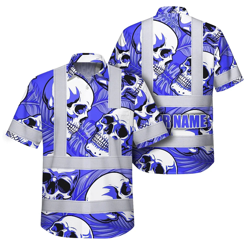 Hi Vis Hawaiian Shirt Reflective Tapes White Blue Skull Custom Name Safety Workwear For Workers, Truckers, Operators