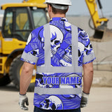 Hi Vis Hawaiian Shirt Reflective Tapes White Blue Skull Custom Name Safety Workwear For Workers, Truckers, Operators