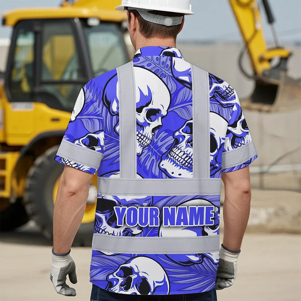 Hi Vis Hawaiian Shirt Reflective Tapes White Blue Skull Custom Name Safety Workwear For Workers, Truckers, Operators