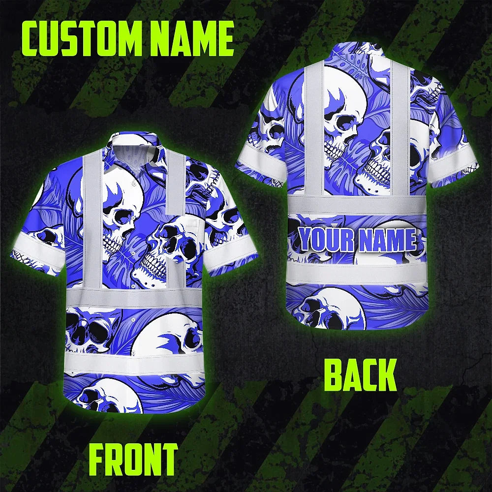 Hi Vis Hawaiian Shirt Reflective Tapes White Blue Skull Custom Name Safety Workwear For Workers, Truckers, Operators