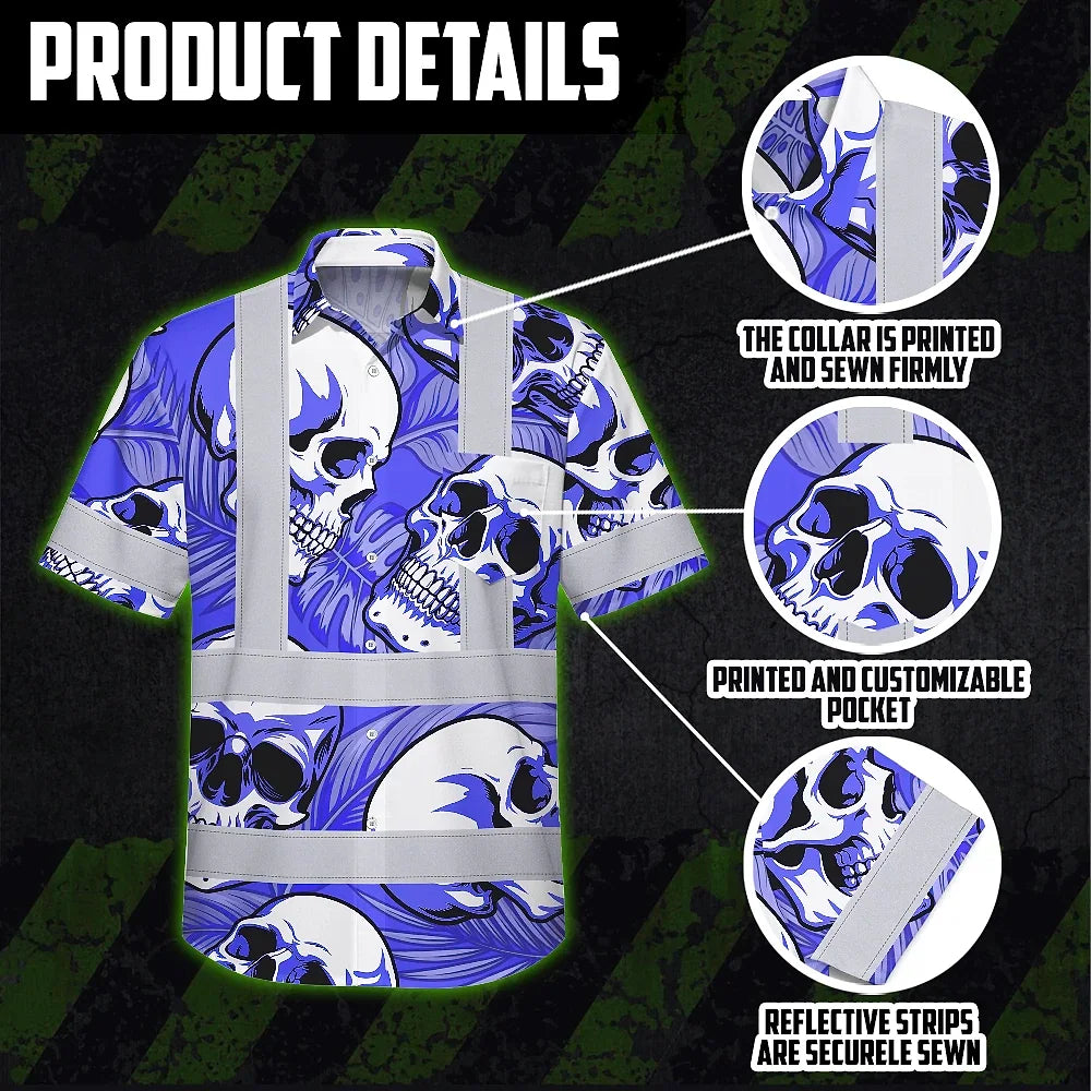 Hi Vis Hawaiian Shirt Reflective Tapes White Blue Skull Custom Name Safety Workwear For Workers, Truckers, Operators