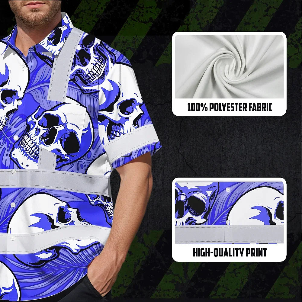 Hi Vis Hawaiian Shirt Reflective Tapes White Blue Skull Custom Name Safety Workwear For Workers, Truckers, Operators