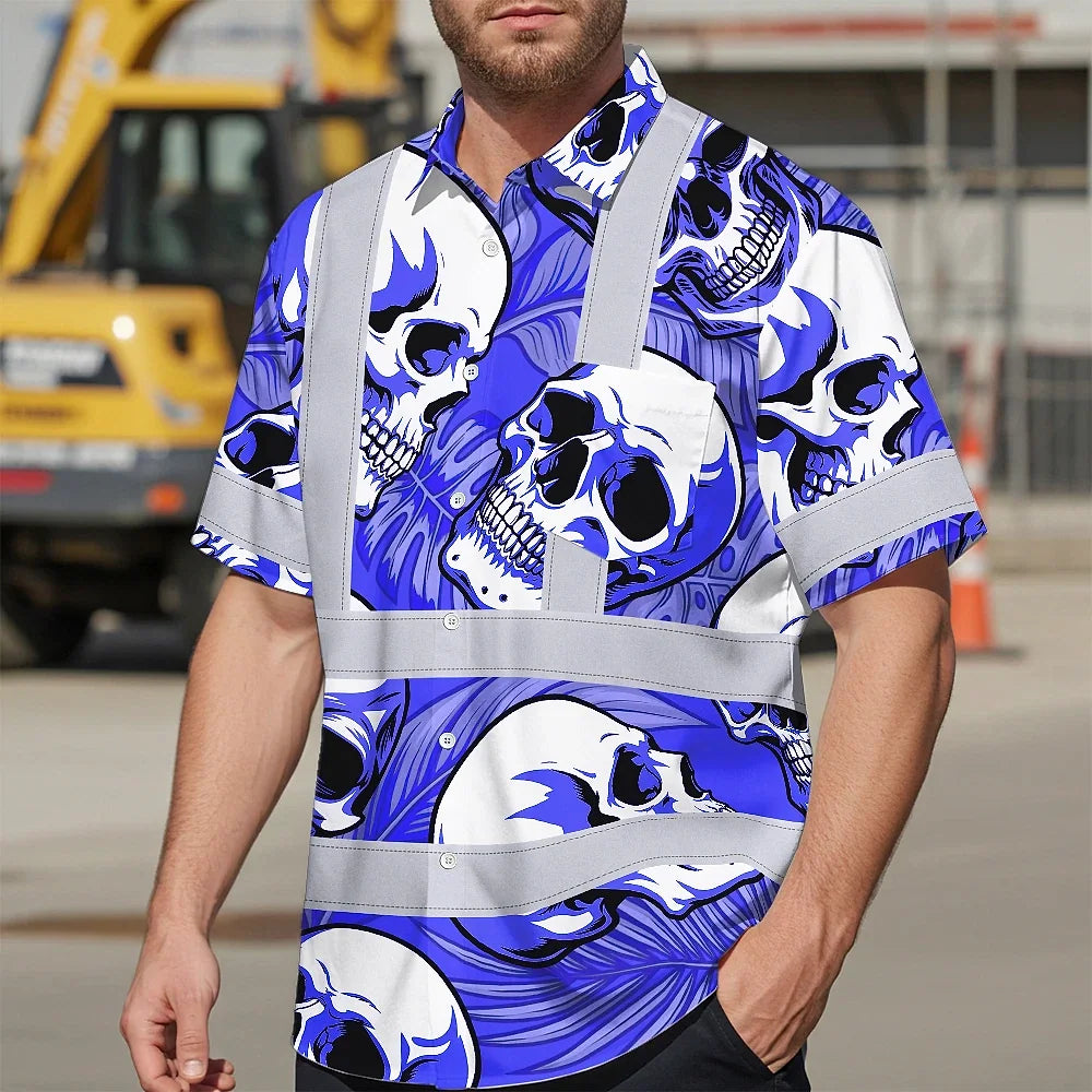 Hi Vis Hawaiian Shirt Reflective Tapes White Blue Skull Custom Name Safety Workwear For Workers, Truckers, Operators