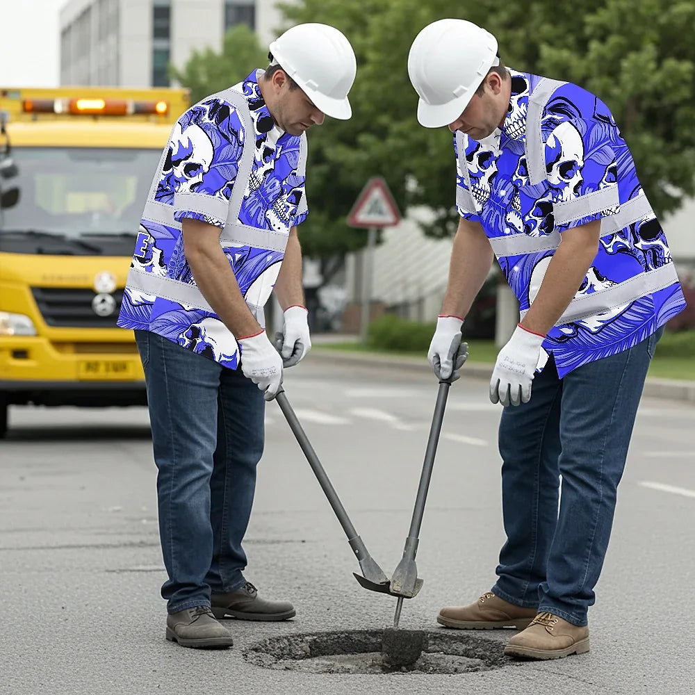 Hi Vis Hawaiian Shirt Reflective Tapes White Blue Skull Custom Name Safety Workwear For Workers, Truckers, Operators