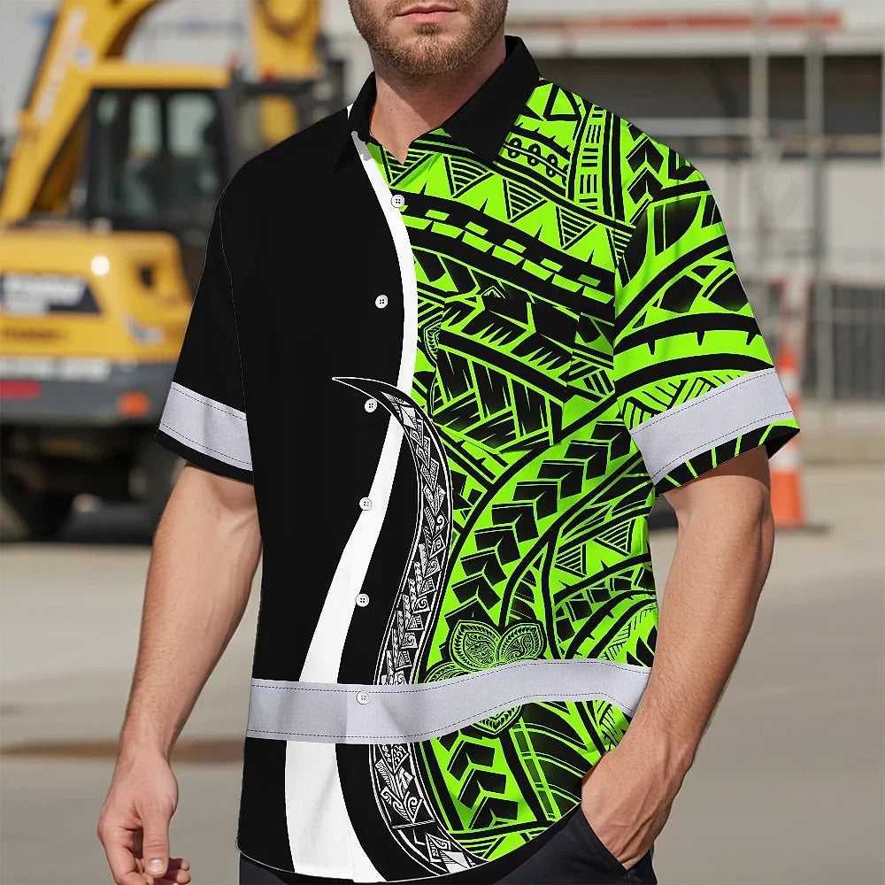 Hi Vis Hawaiian Shirt Reflective Tapes White Green Polynesian Tribal Custom Name Safety Workwear For Workers, Truckers, Operators