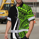Hi Vis Hawaiian Shirt Reflective Tapes White Green Polynesian Tribal Custom Name Safety Workwear For Workers, Truckers, Operators