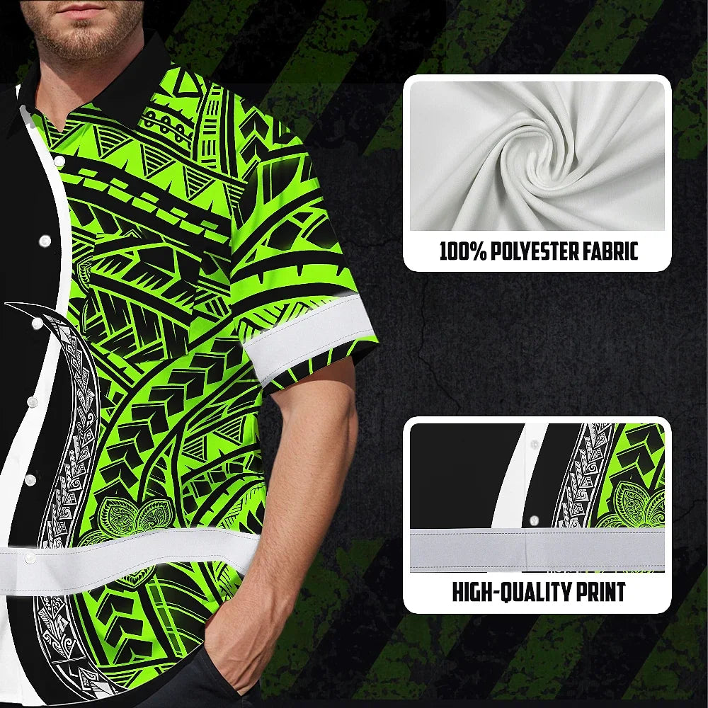 Hi Vis Hawaiian Shirt Reflective Tapes White Green Polynesian Tribal Custom Name Safety Workwear For Workers, Truckers, Operators