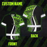 Hi Vis Hawaiian Shirt Reflective Tapes White Green Polynesian Tribal Custom Name Safety Workwear For Workers, Truckers, Operators