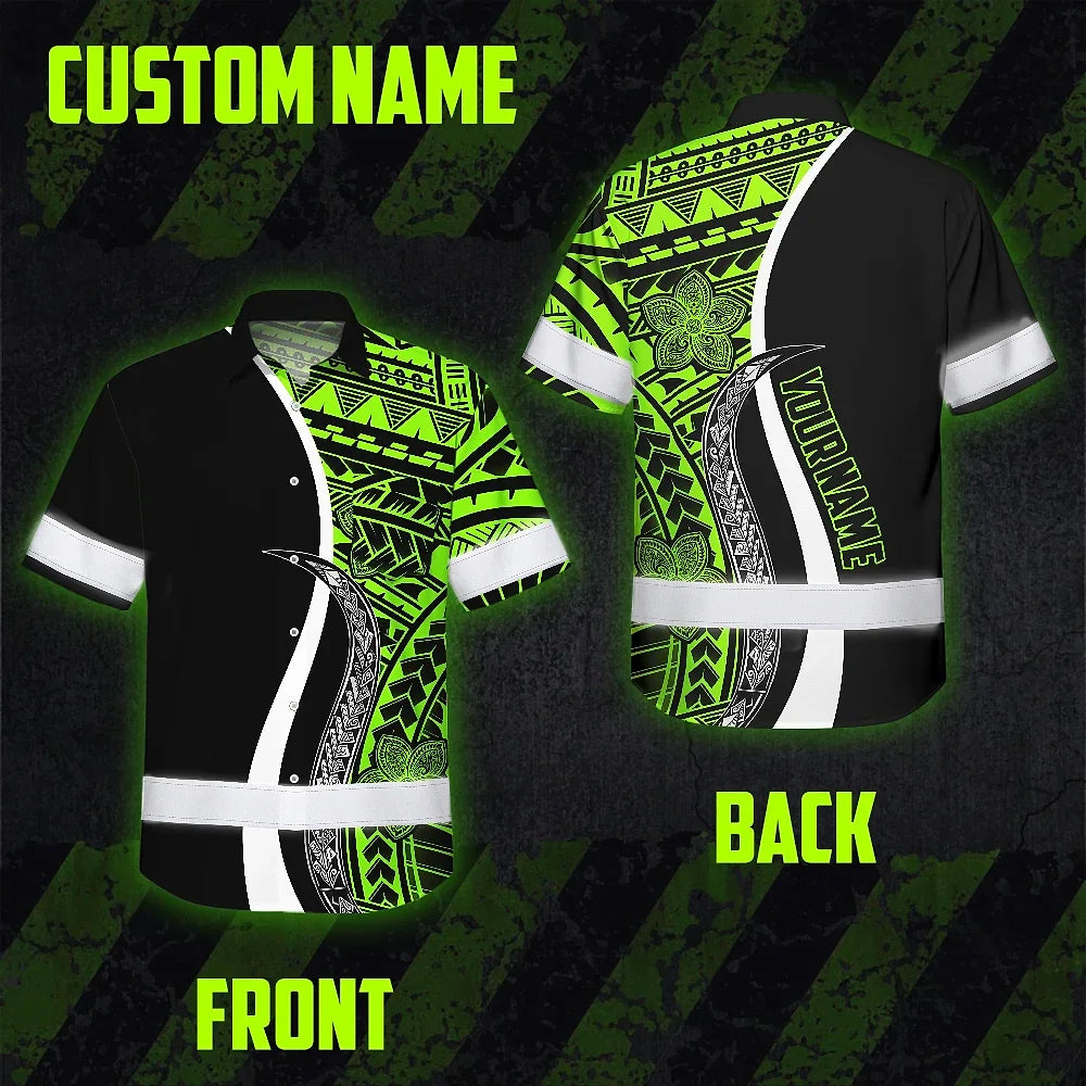 Hi Vis Hawaiian Shirt Reflective Tapes White Green Polynesian Tribal Custom Name Safety Workwear For Workers, Truckers, Operators