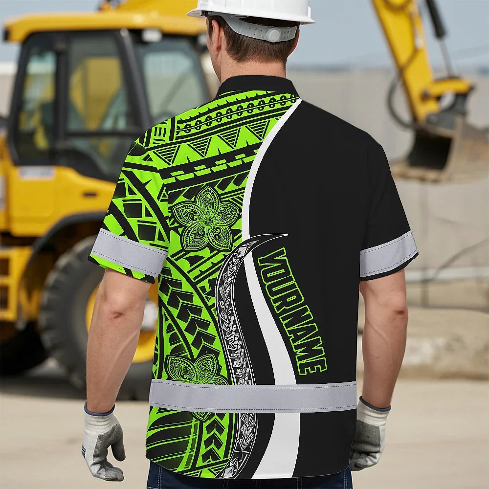 Hi Vis Hawaiian Shirt Reflective Tapes White Green Polynesian Tribal Custom Name Safety Workwear For Workers, Truckers, Operators
