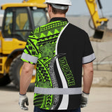 Hi Vis Hawaiian Shirt Reflective Tapes White Green Polynesian Tribal Custom Name Safety Workwear For Workers, Truckers, Operators