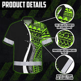 Hi Vis Hawaiian Shirt Reflective Tapes White Green Polynesian Tribal Custom Name Safety Workwear For Workers, Truckers, Operators