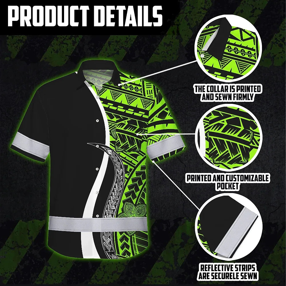 Hi Vis Hawaiian Shirt Reflective Tapes White Green Polynesian Tribal Custom Name Safety Workwear For Workers, Truckers, Operators