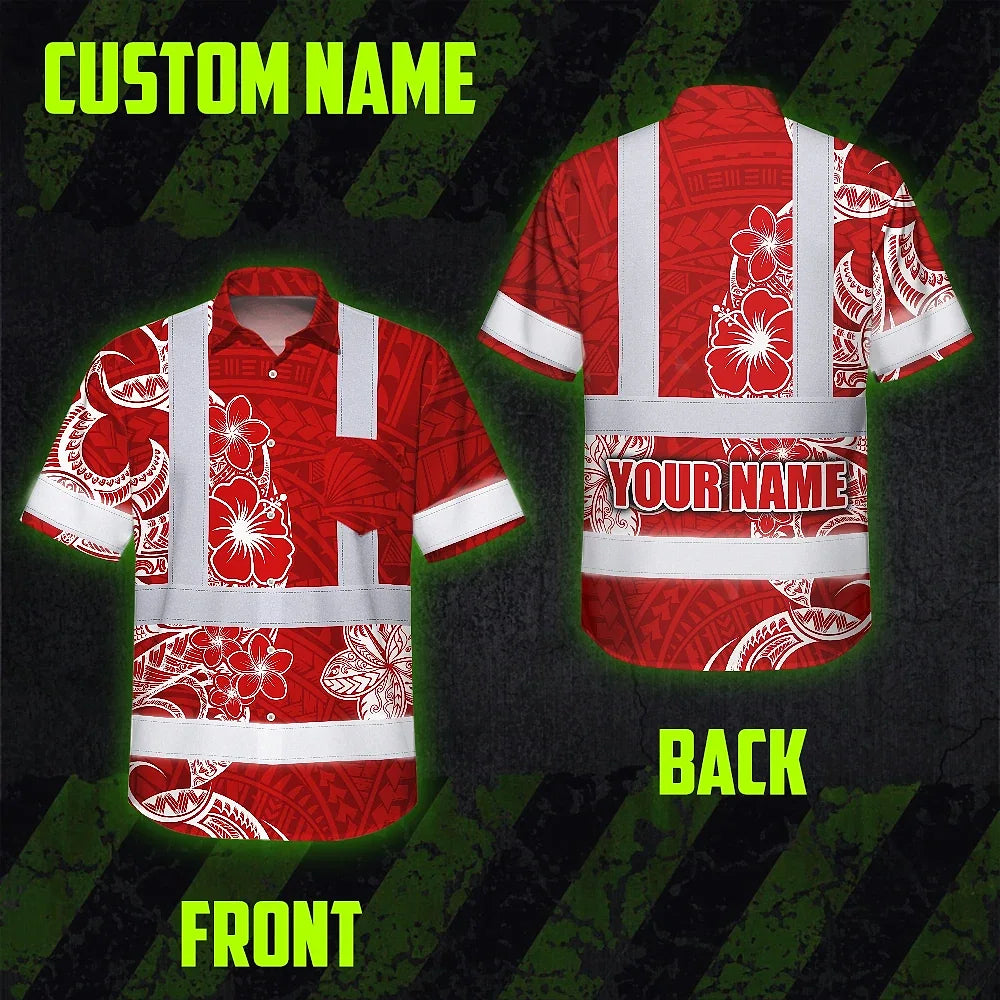 Hi Vis Hawaiian Shirt Reflective Tapes White Red Neon Polynesian Tribal Custom Name Safety Workwear For Workers, Truckers, Operators