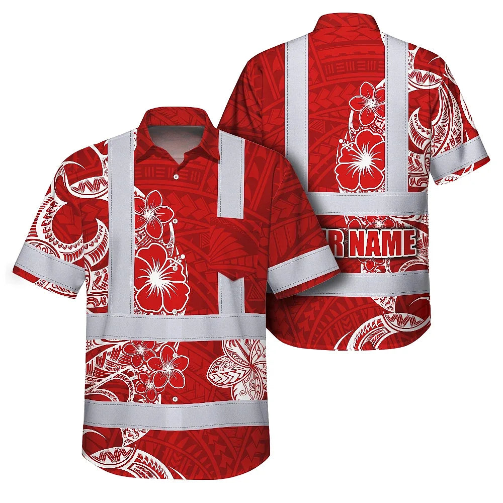 Hi Vis Hawaiian Shirt Reflective Tapes White Red Neon Polynesian Tribal Custom Name Safety Workwear For Workers, Truckers, Operators