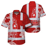 Hi Vis Hawaiian Shirt Reflective Tapes White Red Neon Polynesian Tribal Custom Name Safety Workwear For Workers, Truckers, Operators