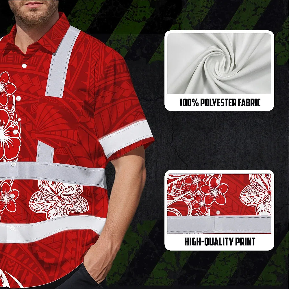 Hi Vis Hawaiian Shirt Reflective Tapes White Red Neon Polynesian Tribal Custom Name Safety Workwear For Workers, Truckers, Operators