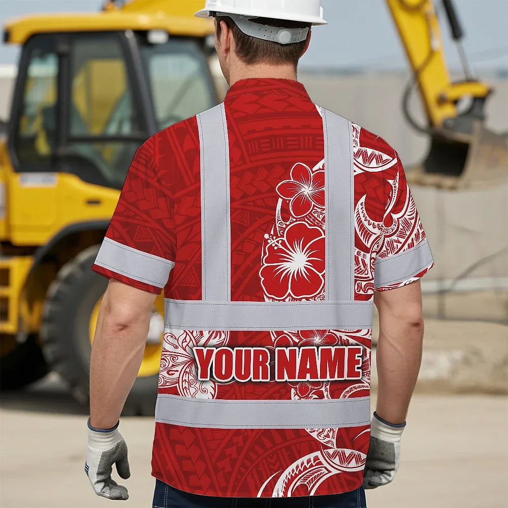 Hi Vis Hawaiian Shirt Reflective Tapes White Red Neon Polynesian Tribal Custom Name Safety Workwear For Workers, Truckers, Operators