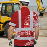 Hi Vis Hawaiian Shirt Reflective Tapes White Red Neon Polynesian Tribal Custom Name Safety Workwear For Workers, Truckers, Operators