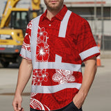 Hi Vis Hawaiian Shirt Reflective Tapes White Red Neon Polynesian Tribal Custom Name Safety Workwear For Workers, Truckers, Operators