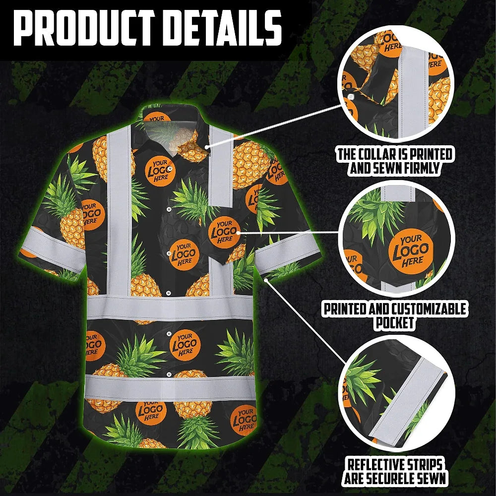 Hi Vis Hawaiian Shirt Reflective Tapes Yellow And Black Flowers Custom Name And Logo Safety Workwear For Workers, Truckers, Operators, Company