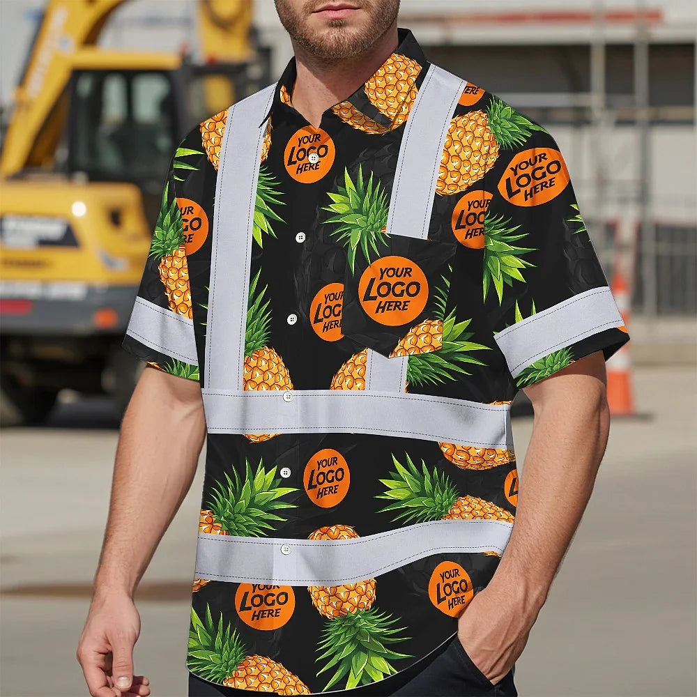 Hi Vis Hawaiian Shirt Reflective Tapes Yellow And Black Flowers Custom Name And Logo Safety Workwear For Workers, Truckers, Operators, Company