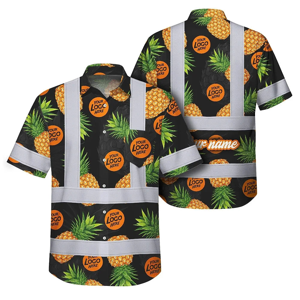 Hi Vis Hawaiian Shirt Reflective Tapes Yellow And Black Flowers Custom Name And Logo Safety Workwear For Workers, Truckers, Operators, Company