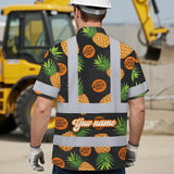 Hi Vis Hawaiian Shirt Reflective Tapes Yellow And Black Flowers Custom Name And Logo Safety Workwear For Workers, Truckers, Operators, Company