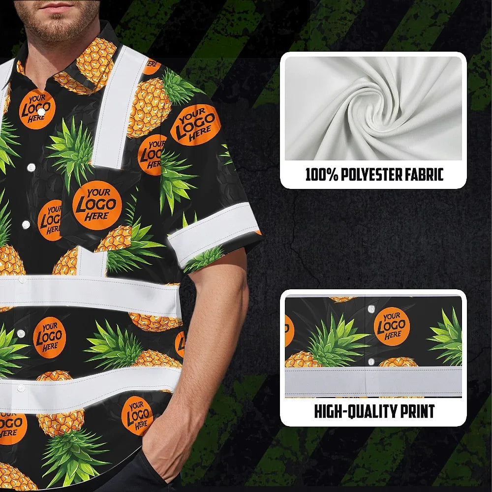 Hi Vis Hawaiian Shirt Reflective Tapes Yellow And Black Flowers Custom Name And Logo Safety Workwear For Workers, Truckers, Operators, Company