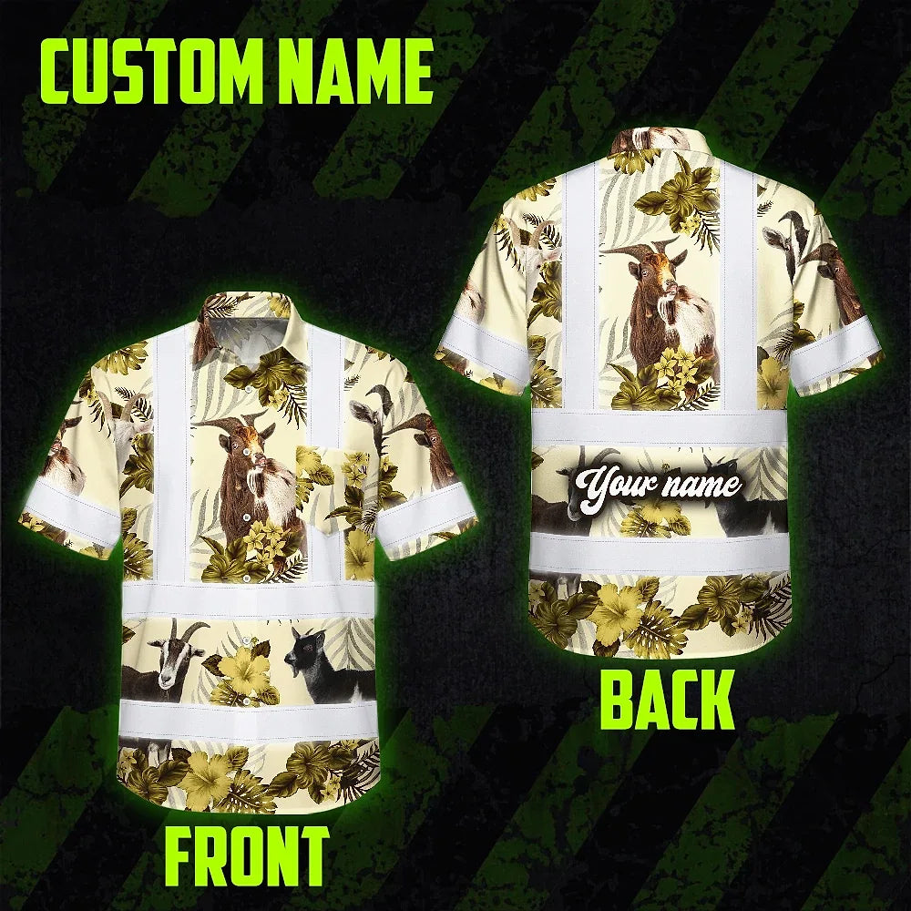 Hi Vis Hawaiian Shirt Reflective Tapes Yellow And Goat Custom Name Safety Workwear For Workers, Truckers, Operators, Company