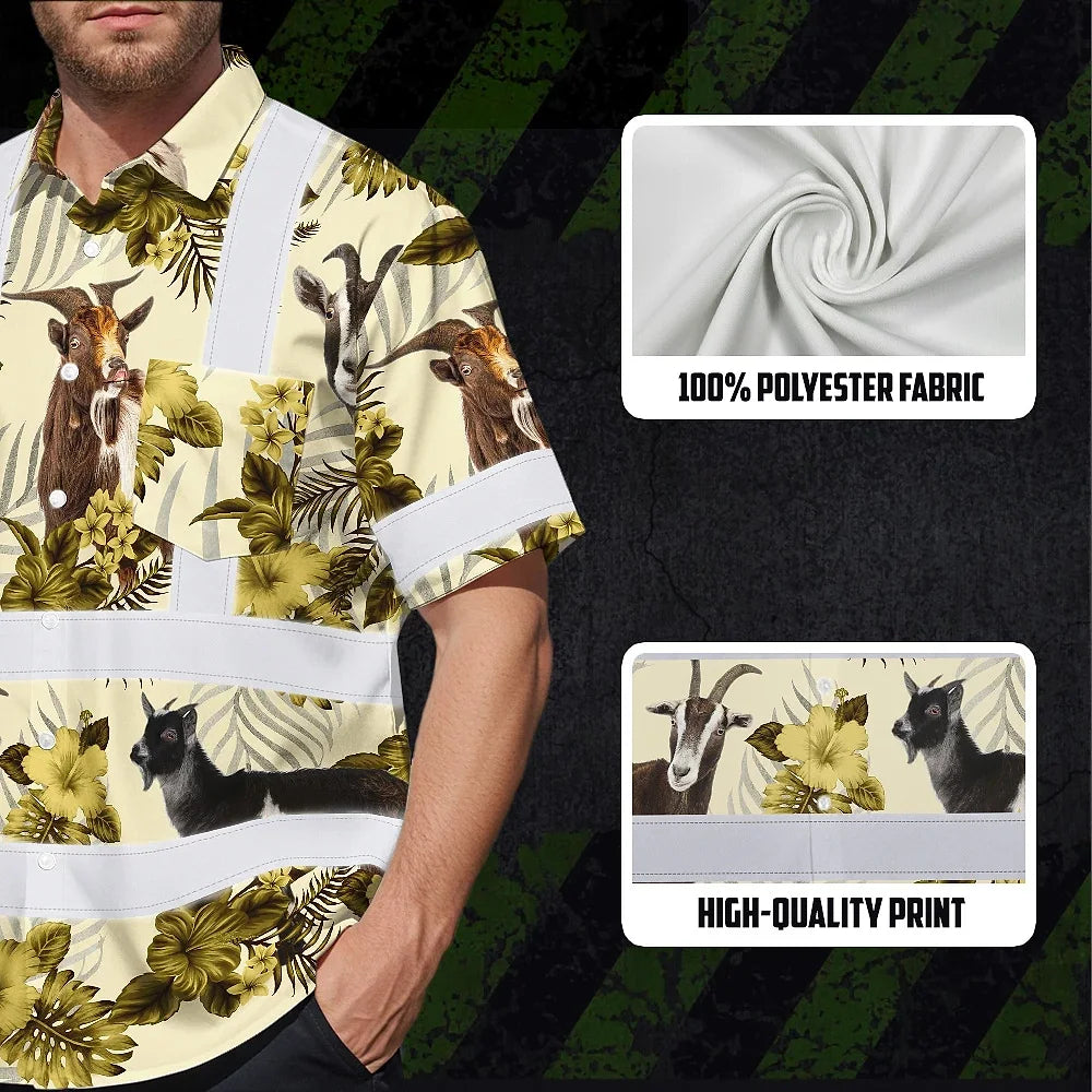 Hi Vis Hawaiian Shirt Reflective Tapes Yellow And Goat Custom Name Safety Workwear For Workers, Truckers, Operators, Company