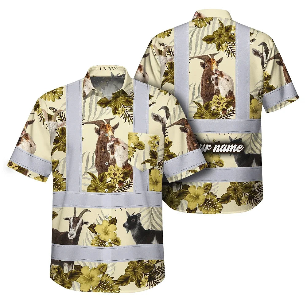 Hi Vis Hawaiian Shirt Reflective Tapes Yellow And Goat Custom Name Safety Workwear For Workers, Truckers, Operators, Company