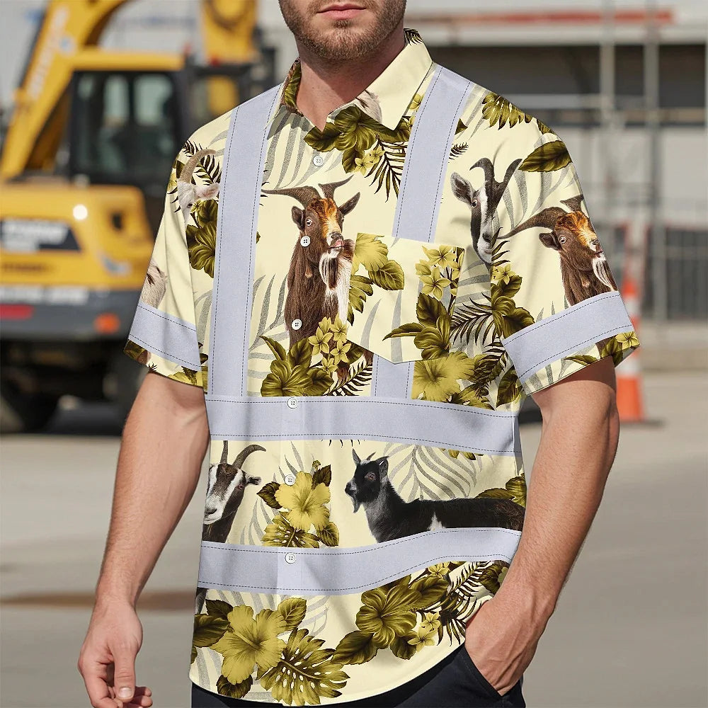 Hi Vis Hawaiian Shirt Reflective Tapes Yellow And Goat Custom Name Safety Workwear For Workers, Truckers, Operators, Company