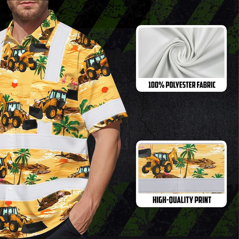 Hi Vis Hawaiian Shirt Reflective Tapes Yellow Backhoe Custom Name Safety Workwear For Workers, Truckers, Operators