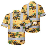 Hi Vis Hawaiian Shirt Reflective Tapes Yellow Backhoe Custom Name Safety Workwear For Workers, Truckers, Operators