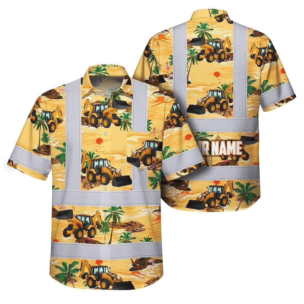 Hi Vis Hawaiian Shirt Reflective Tapes Yellow Backhoe Custom Name Safety Workwear For Workers, Truckers, Operators