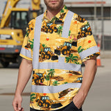 Hi Vis Hawaiian Shirt Reflective Tapes Yellow Backhoe Custom Name Safety Workwear For Workers, Truckers, Operators