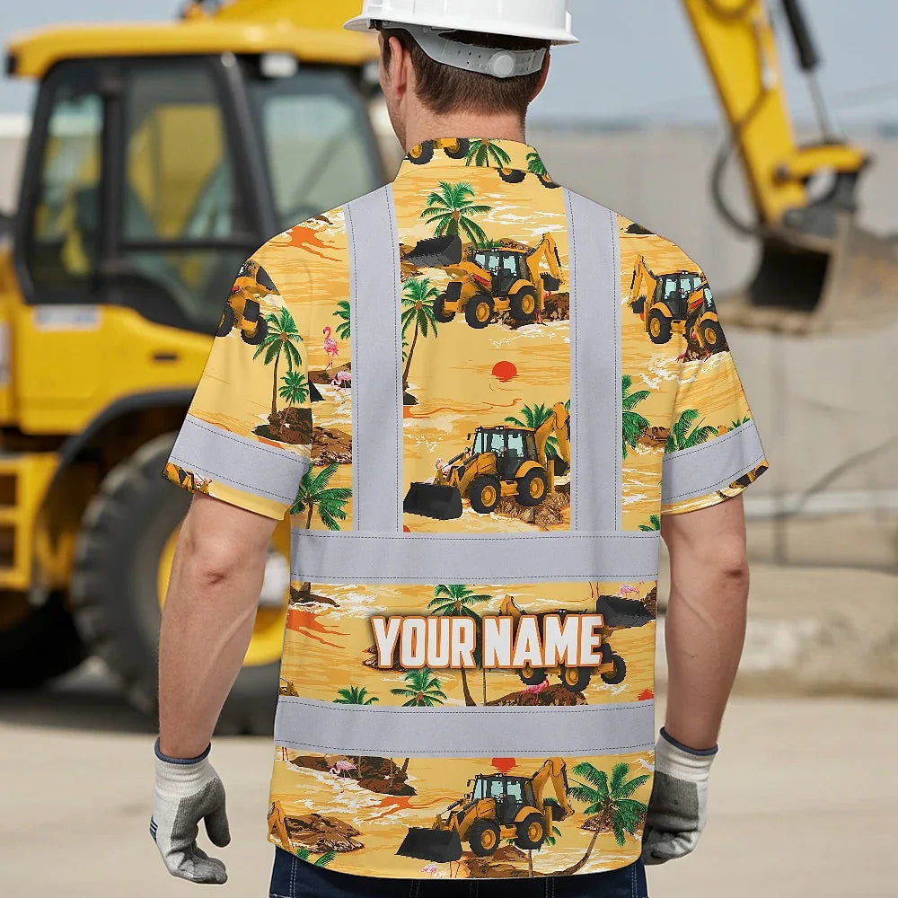 Hi Vis Hawaiian Shirt Reflective Tapes Yellow Backhoe Custom Name Safety Workwear For Workers, Truckers, Operators