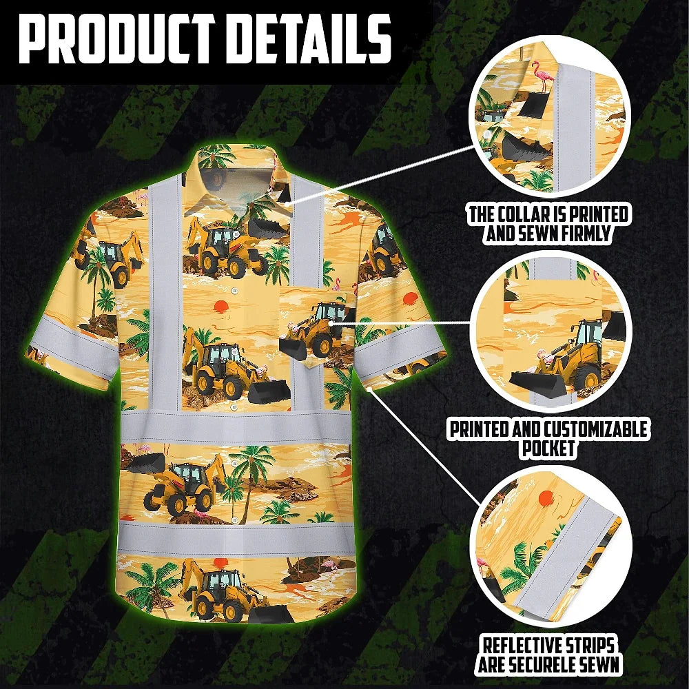 Hi Vis Hawaiian Shirt Reflective Tapes Yellow Backhoe Custom Name Safety Workwear For Workers, Truckers, Operators