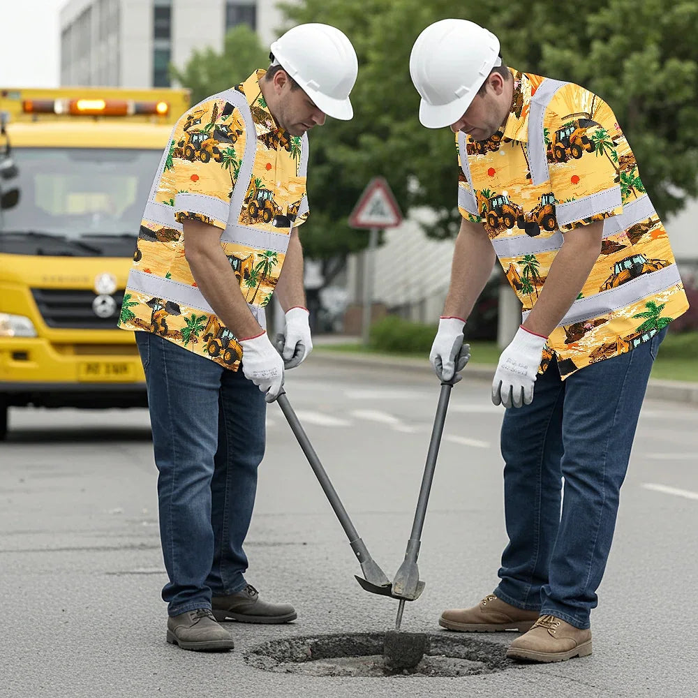 Hi Vis Hawaiian Shirt Reflective Tapes Yellow Backhoe Custom Name Safety Workwear For Workers, Truckers, Operators