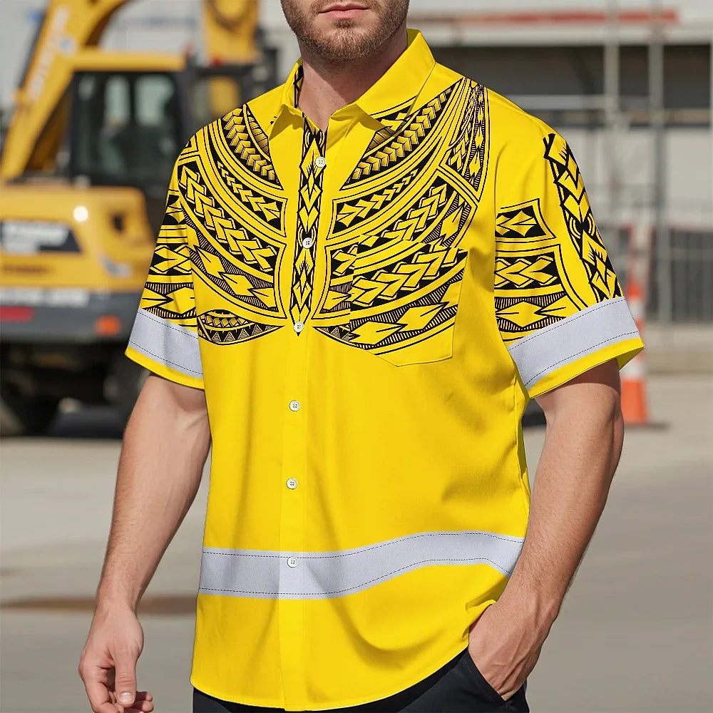 Hi Vis Hawaiian Shirt Reflective Tapes Yellow Black Polynesian Custom Name Safety Workwear For Workers, Truckers, Operators