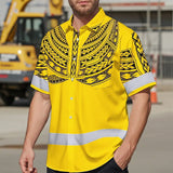 Hi Vis Hawaiian Shirt Reflective Tapes Yellow Black Polynesian Custom Name Safety Workwear For Workers, Truckers, Operators