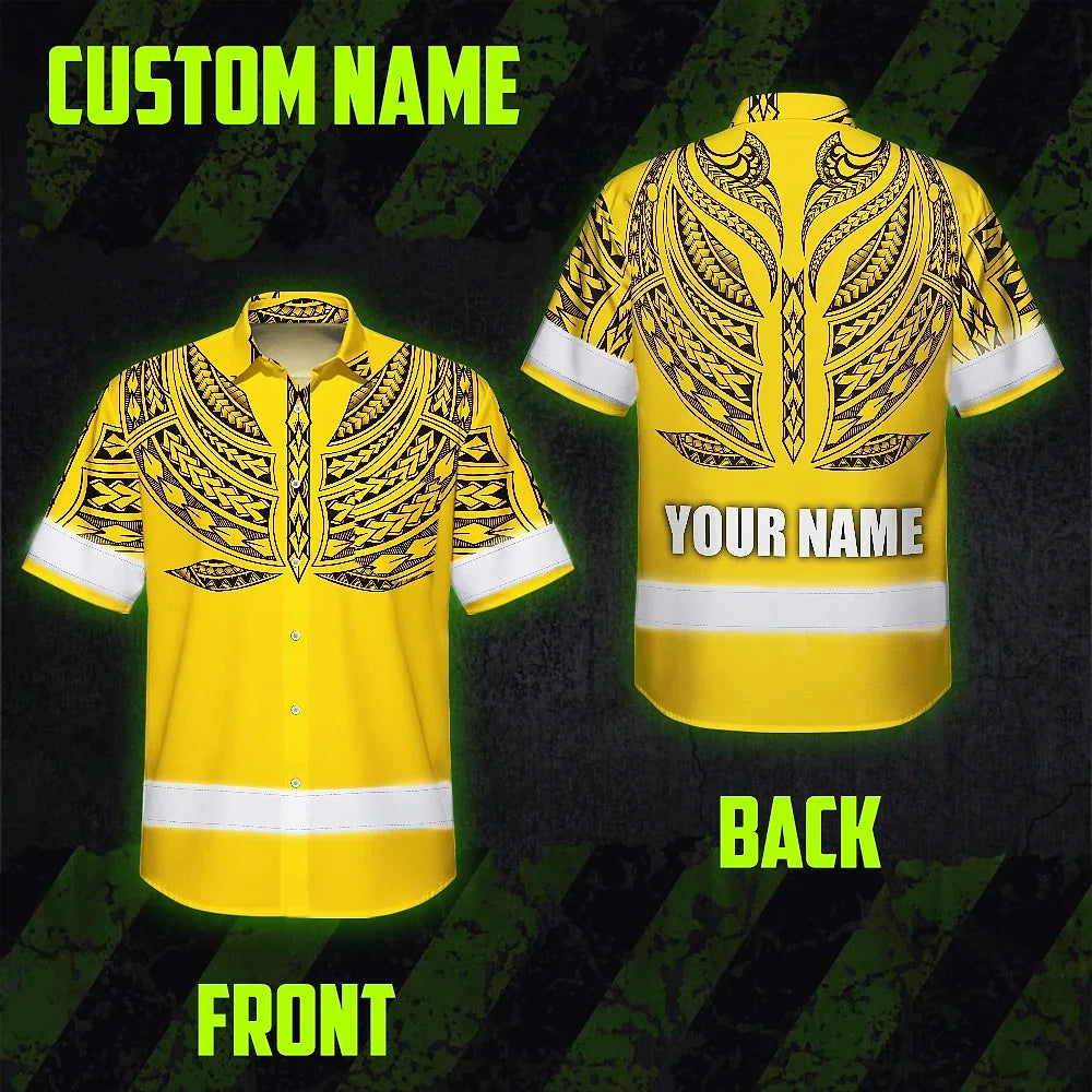 Hi Vis Hawaiian Shirt Reflective Tapes Yellow Black Polynesian Custom Name Safety Workwear For Workers, Truckers, Operators